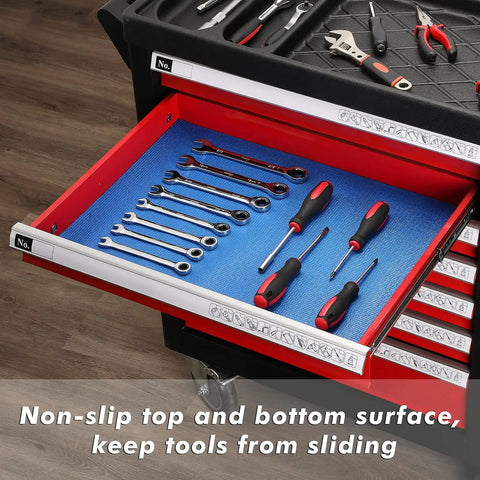 Blue Non Slip Foam Rubber Drawer Liner For Tool Boxes And Drawers with tools organized on non-slip surface