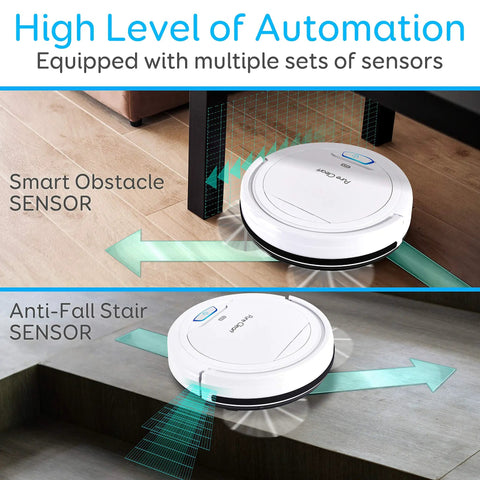 Smart Automatic Robot Vacuum Cleaner With 90 Minute Runtime And Self Path Navigation showing obstacle and stair sensors
