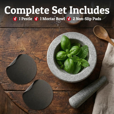 Heavy Duty Granite Mortar And Pestle Set Hand Carved From Natural Stone Two Cup Grinder Bowl With Basil Leaves