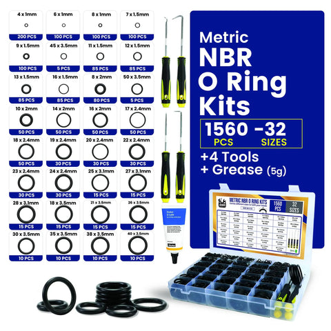 Ultimate O Ring Kit With 1560 Pcs Across 32 Sizes Nitrile Rubber Assortment Plus 4 Hook Set And Grease Tube for seals.