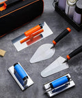 6 Piece Concrete Hand Tools Set with Edger, Groover, Finishing, Pointing, Gauging Trowels, and Tool Bag displayed on surface.
