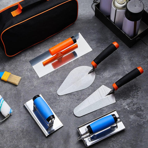 6 Piece Concrete Hand Tools Set with Edger, Groover, Finishing, Pointing, Gauging Trowels, and Tool Bag displayed on surface.