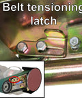 Close-up of the belt tensioning latch on the Hella Versatile 2 X 36 Belt Grinder Attachment for Bench Tools.