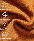 Real Cow Leather Welding Hood Cap, Heat And Spark Resistant Shield Up To 250C material close-up with flame proof icons