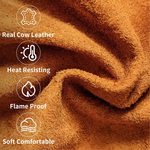 Real Cow Leather Welding Hood Cap, Heat And Spark Resistant Shield Up To 250C material close-up with flame proof icons