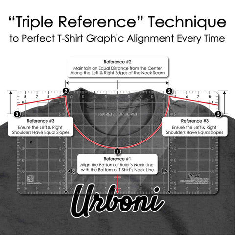 Five Sizes Tee Ruler Guide for Vinyl Alignment and Center Placement with grid lines on a t-shirt for precise logo positioning.
