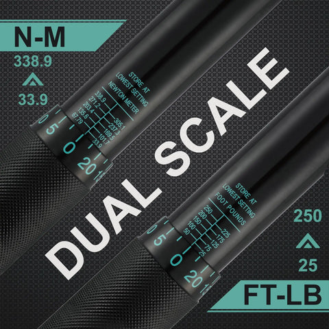 Close-up of Beefy 1/2-Inch Drive Click Torque Wrench With 25-250 Ft-Lb Range showing dual scale with high contrast markings.