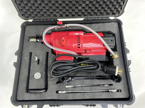 Tough As Nails 25 Inch Concrete Core Drill With 5000W Two Speed Diamond Coring Rig in sturdy case with accessories.