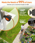 Retractable Garden Hose Reel With 100 Foot Hose, Heavy Duty, wall-mounted, 180 degree swivel, watering garden scene.