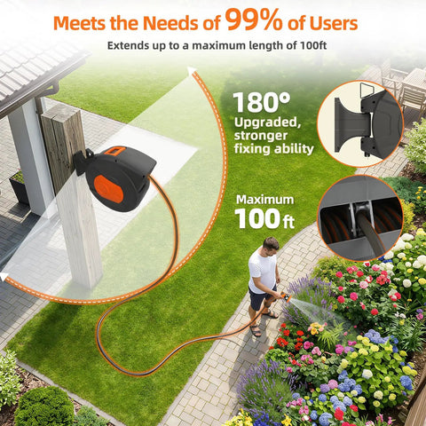 Retractable Garden Hose Reel With 100 Foot Hose, Heavy Duty, wall-mounted, 180 degree swivel, watering garden scene.