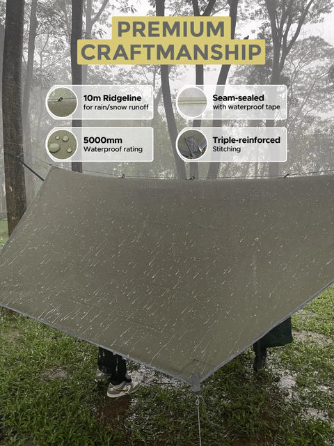 Rain fly of Ultralight Camping Hammock With Mosquito Net And Rain Fly, Easy Setup Portable Nylon Travel Hanging Hammock in rainy forest