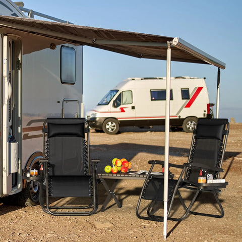 Zero Gravity Outdoor Recliners Set Of 2, Adjustable Folding Lounge Chairs with cup holder trays under RV awning, desert