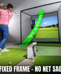 Golfer using Range Cage Elite Golf Hitting Net 8 x 8 Ft Pro Grade Simulator Enclosure With Side And Top Netting And 95 x 93 Inch HD Impact Screen