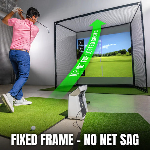 Golfer using Range Cage Elite Golf Hitting Net 8 x 8 Ft Pro Grade Simulator Enclosure With Side And Top Netting And 95 x 93 Inch HD Impact Screen