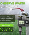 Programmable Sprinkler Timer With Rain Delay For Garden Hose, Waterproof Digital Water Timer displaying 8:00 with rain delay options