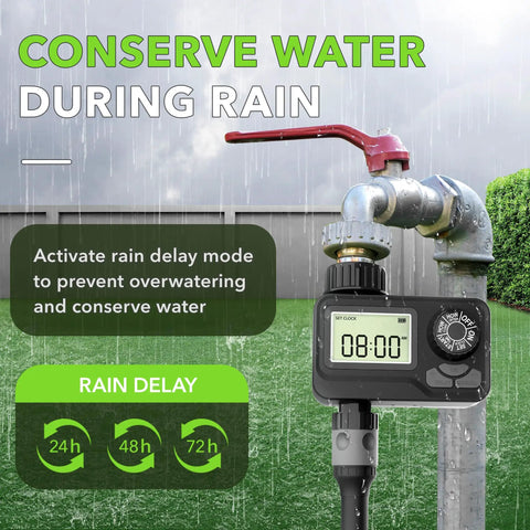 Programmable Sprinkler Timer With Rain Delay For Garden Hose, Waterproof Digital Water Timer displaying 8:00 with rain delay options