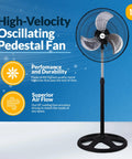 High Velocity 18 Inch Oscillating Pedestal Floor Fan With Adjustable Height And 3 Speed Levels For Powerful Airflow