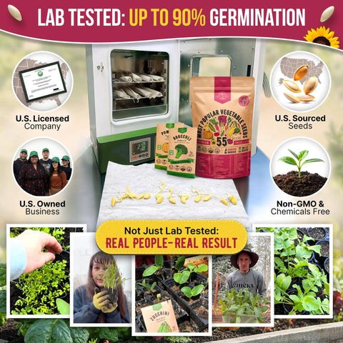 55 Vegetable Seeds Variety Pack Non GMO Heirloom Seeds For Your Home Garden Indoors And Outdoors Hydroponic Ready 35,600 Plus Seeds In Individual Packets Great Starter Kit For Veggie Growers displayed with plants and seedlings