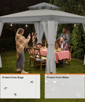 Family dining under a Patio Gazebo Tent 10x10 Outdoor Canopy Shelter With Removable Netting, 100 Sq Ft Of Shade For Garden, Backyard, Deck Or Lawn, Portable Gray Weather Resistant Shelter