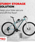 Image of a bicycle mounted on a Garage Wall Mount Bike Rack With Durable Alloy Construction And Adjustable Hook Hanger For Indoor Storage