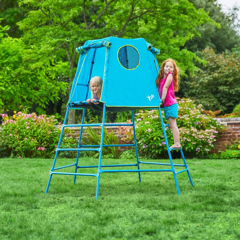 Backyard Jungle Gym Climbing Set with adjustable steel frame, weather-resistant canopy, and platform for kids ages 3 to 12.