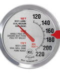Stainless Steel Oven Safe Meat Thermometer With Extra Large 2.5 Inch Dial And Clear Temperature Labels For Beef Poultry Pork And Veal Pro Grade Kitchen Tool Chefs Rely On Silver NSF Certified displayed dial face close-up.