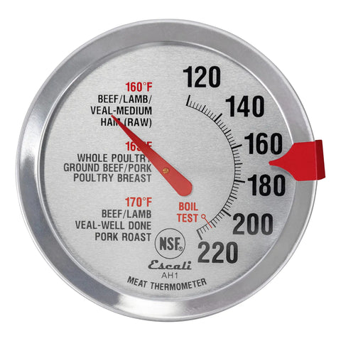 Stainless Steel Oven Safe Meat Thermometer With Extra Large 2.5 Inch Dial And Clear Temperature Labels For Beef Poultry Pork And Veal Pro Grade Kitchen Tool Chefs Rely On Silver NSF Certified displayed dial face close-up.