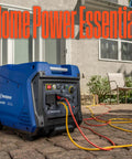 5000 Peak Watt Super Quiet Portable Inverter Generator With Remote Start in home setting with cords attached