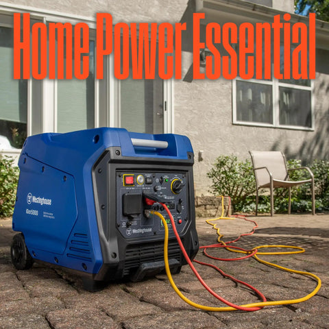 5000 Peak Watt Super Quiet Portable Inverter Generator With Remote Start in home setting with cords attached