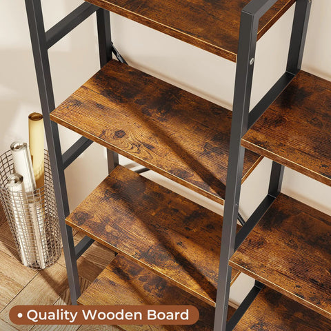 Top view of 11 Shelf Ladder Bookcase With Open Display Shelves For Home And Office Wide Bookshelf, showcasing sturdy brown finish.
