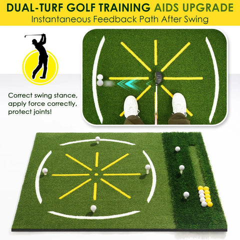 5x4ft Dual Turf Golf Hitting Mat With Built In Ball Tray, Alignment Guide, Seven Hitting Holes For Driving And Chipping