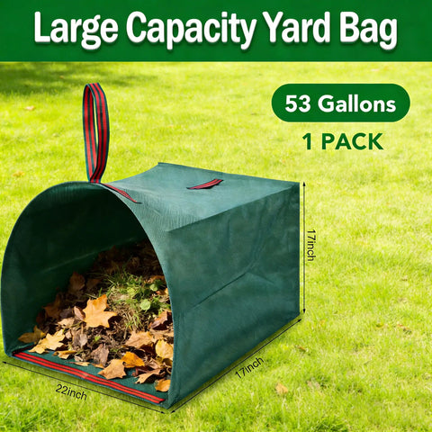Large capacity 53-gallon yard bag filled with leaves, 22x17x17 inches, green with a red carrying handle, on grass.