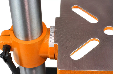 Close-up of 6.5 x 6.5 inch adjustable table of 2.3-Amp 8-Inch Cast-Iron Benchtop Drill Press With 5 Speed Settings, black and orange