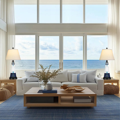 Coastal Lighthouse Vibe Table Lamps Set Of 2 on living room nightstands, modern white and blue finish with USB ports and dimmable bulbs