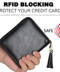 Person holding Women's Credit Card Holder Wallet Zip Leather Card Case RFID Blocking with 40 Card Slots and 2 ID Windows, Black Genuine Cowhide Leather