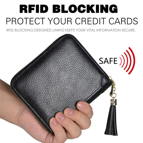 Person holding Women's Credit Card Holder Wallet Zip Leather Card Case RFID Blocking with 40 Card Slots and 2 ID Windows, Black Genuine Cowhide Leather