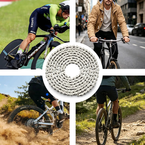 All In One Bike Chain Kit for 6 7 8 Speed 126 Links with Chain Tool, Master Links, and Bicycle Bell with cyclists and chain