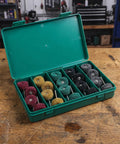 1 Inch Mini Polishing Wheels Set 100 Pcs Abrasive Buffing Wheels in green case on workshop table