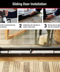 Sliding Door Stopper And Dual Function Security Bar For Hinged And Sliding Doors, Adjustable From Twenty Five And A Half Inches To Forty Three And A Half Inches, Indoor Use, Folding Design For Compact Storage And Travel, White, shown being installed on a sliding door by adjusting pins.