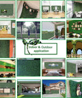 Collage of indoor and outdoor spaces using Lush Boxwood Faux Grass Wall Panels Set, 24 Panels, 10x10 Inches Each, 16.8 Sq Ft Dope Coverage.
