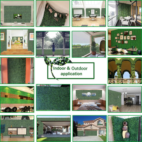 Collage of indoor and outdoor spaces using Lush Boxwood Faux Grass Wall Panels Set, 24 Panels, 10x10 Inches Each, 16.8 Sq Ft Dope Coverage.