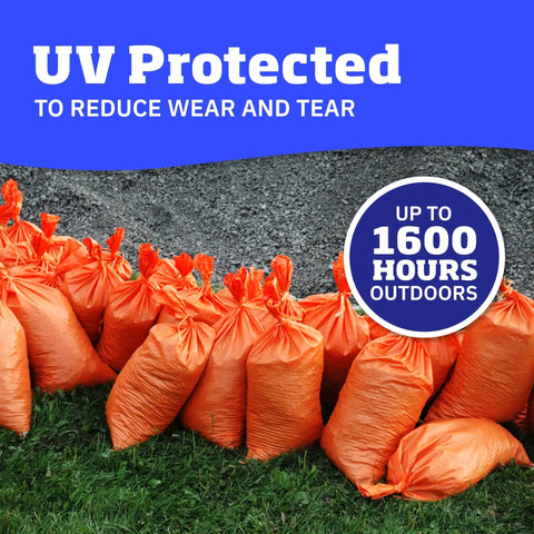 Heavy Duty Sand Bags With Tie Strings For Flood Control, 50 lb capacity, UV protected for 1600 hours, orange color, displayed outdoors