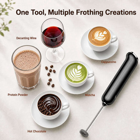 Rechargeable Handheld Coffee Frother Wand Detachable Whisk Mixer For Latte Cappuccino Matcha Protein Shakes Matte Black beside various drinks and a whisk.