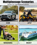 Four images showing a car, ATV, lawn mower, and boat, illustrating multiple uses for 14 Gallon Gas Caddy With Transfer Pump and 10 Foot Hose Portable Fuel Tank For Lawn Mower Farm Boat And Home Use No Spill Brass Valves For Safe Easy Refills And Quick Fueling.