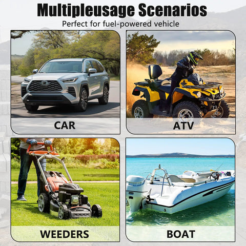 Four images showing a car, ATV, lawn mower, and boat, illustrating multiple uses for 14 Gallon Gas Caddy With Transfer Pump and 10 Foot Hose Portable Fuel Tank For Lawn Mower Farm Boat And Home Use No Spill Brass Valves For Safe Easy Refills And Quick Fueling.