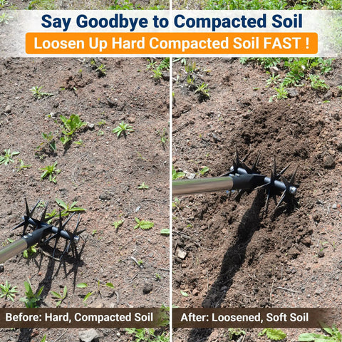 66 Inch Rotary Cultivator With Tempered Spring Steel Tines loosening compacted soil in a garden, featuring adjustable stainless steel handle.