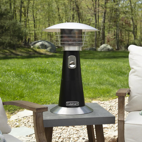 Portable Tabletop Propane Patio Heater With 11,000 BTU Power Adjustable Heat Safety Tilt Switch Burner Screen Guard Heats Up To 30 Sq Ft Black Outdoor Heater For Chill Nights on patio table