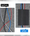 Before-and-after using Carpet Cord Cover And Cable Protector Floor Strip For Commercial Office Carpets 59.06 Ft Black Easy Hook And Loop Cable Management Keeps Cables Neat And Safe From Trip Hazards, showing organized and concealed cables under black strip on carpet.