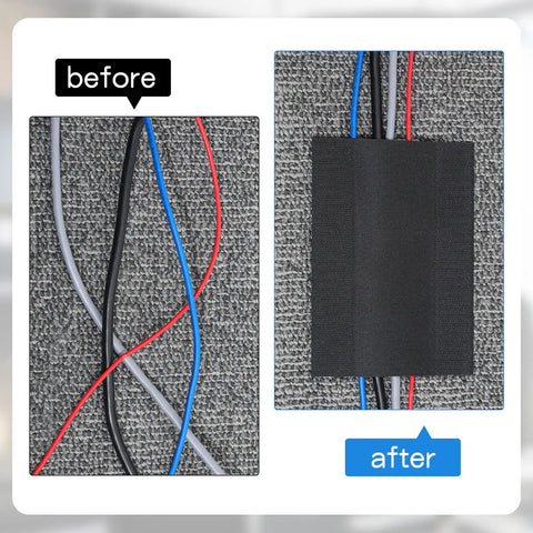 Before-and-after using Carpet Cord Cover And Cable Protector Floor Strip For Commercial Office Carpets 59.06 Ft Black Easy Hook And Loop Cable Management Keeps Cables Neat And Safe From Trip Hazards, showing organized and concealed cables under black strip on carpet.