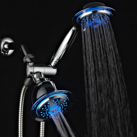 All Chrome 3 Way LED Shower Head And Handheld Combo With Air Jet Turbo Pressure Boost Nozzles Color Changing LEDs Reacting To Water Temperature Powered By Running Water No Batteries Needed Use Heads Separately Or Together For Maximum Shower Power